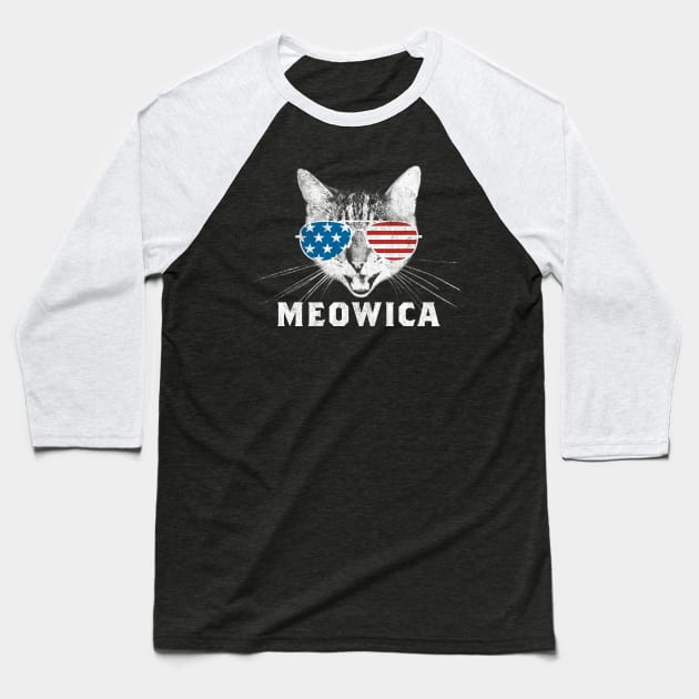 Meowica USA American Flag Cat Baseball T-Shirt by Tingsy